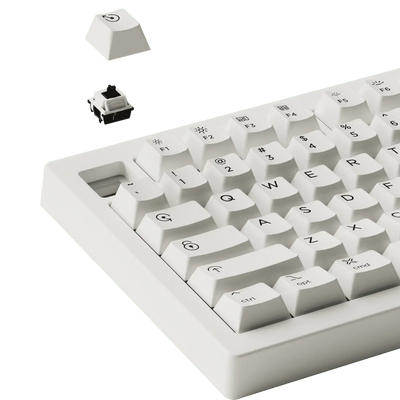 Biała klawiatura mechaniczna hot-swappable z wyjętym keycapem i switchem, idealna do biura