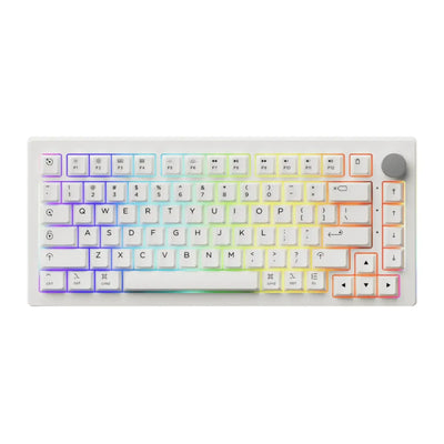 Biała klawiatura mechaniczna z podświetleniem RGB i pokrętłem, układ 75%.