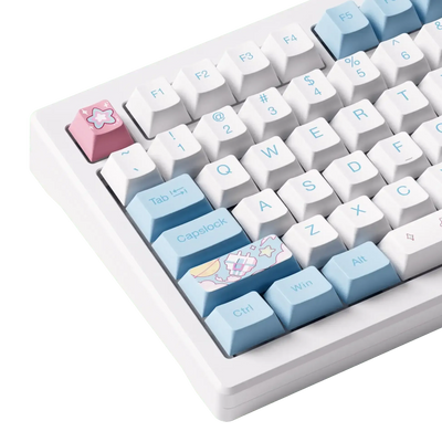 Biała klawiatura mechaniczna z pastelowymi keycapami, niebieskie i różowe przyciski