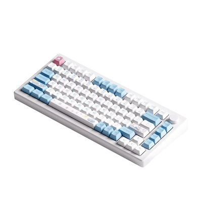 Klawiatura mechaniczna przewodowa, biało-niebieskie keycapy, widok z prawej strony.