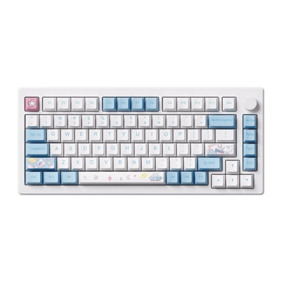 Klawiatura mechaniczna przewodowa, białe i niebieskie keycapy z grafikami, układ kompaktowy.