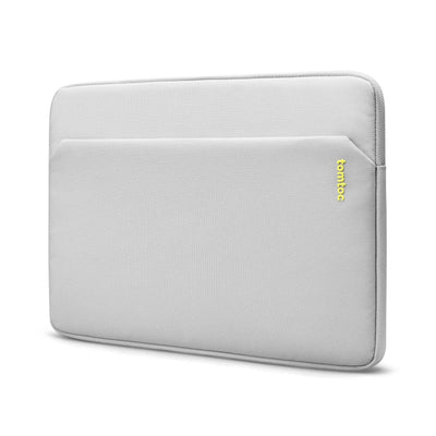 Szara torba na laptopa z kieszenią boczną, minimalistyczny design, etui ochronne.