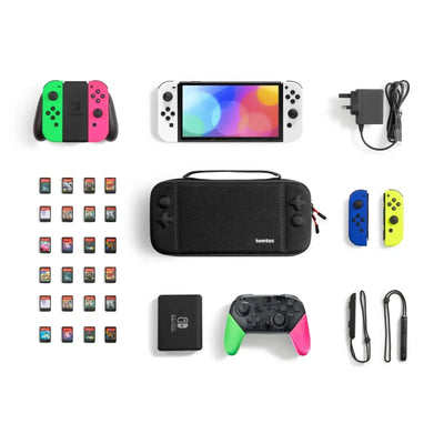 Zestaw akcesoriów do Nintendo Switch: konsola, Joy-Cony, gry, pokrowiec, ładowarka, kontroler.