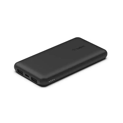 Czarny powerbank 10000 mAh z dwoma portami USB i wskaźnikiem LED, akcesorium biurowe