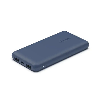 Niebieski powerbank z dwoma portami USB i wskaźnikiem LED, akcesorium biurowe do ładowania