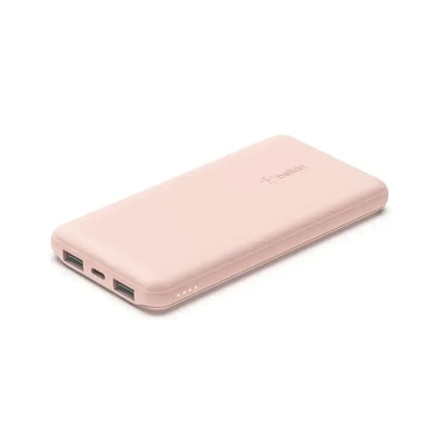 Różowy powerbank 10000 mAh z dwoma portami USB, idealny do biura i home office