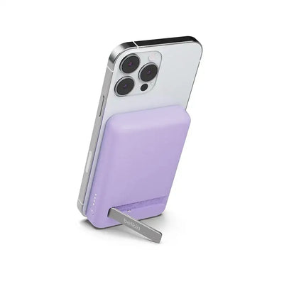 Magnetyczny powerbank bezprzewodowy fioletowy z podstawką na telefon, nowoczesny design