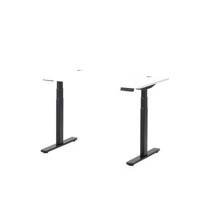 Białe elektryczne biurko z czarnymi nogami, regulowana wysokość, nowoczesny design, home office.