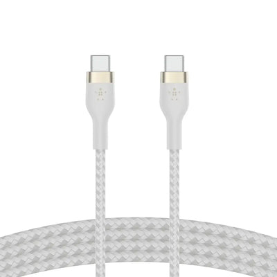 Biały kabel USB-C do USB-C w oplocie, akcesorium do biura i home office.