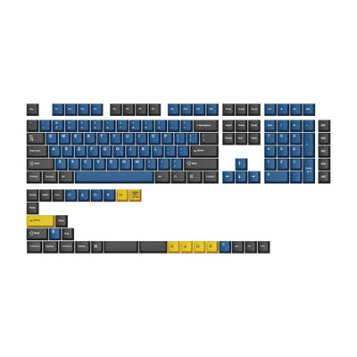 Zestaw keycapów Cherry Profile Double Shot PBT w kolorach niebieskim, czarnym i żółtym do klawiatur mechanicznych.