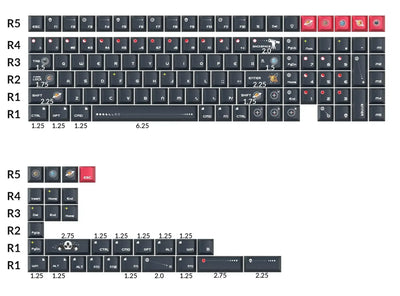 Zestaw keycapów Cherry Profile z motywem kosmosu, ciemne klawisze z grafikami galaktyki