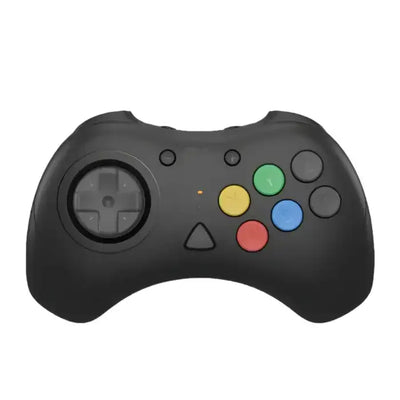 Czarny gamepad bezprzewodowy, kolorowe przyciski, kontroler do gier, widok z przodu
