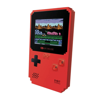 Czerwona konsola retro My Arcade z ekranem LCD, gra 8-bitowa, przyciski A i B widoczne