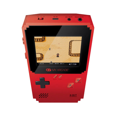 Czerwona konsola retro do gier 8-bitowych z ekranem LCD, rozgrywka pixel art