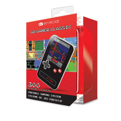 Konsola przenośna retro Go Gamer Classic na opakowaniu, 300 gier, czarno-czerwona obudowa