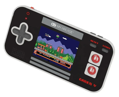 Konsola przenośna retro Gamer V czarna z czerwonymi przyciskami, wyświetlacz z grą pixel art.