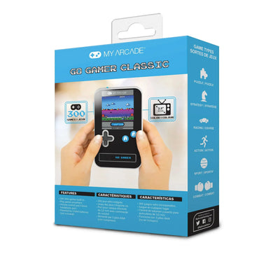 Opakowanie przenośnej konsoli retro Go Gamer Classic z 300 grami, czarno-niebieska.