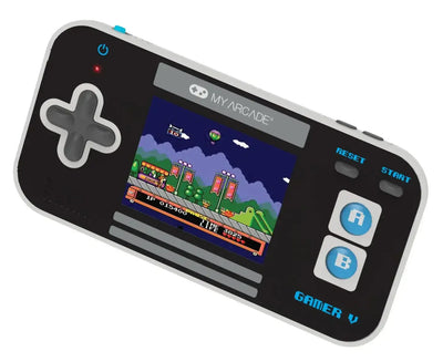 Przenośna konsola do gier retro z ekranem LCD, przyciskami i grą pixel art
