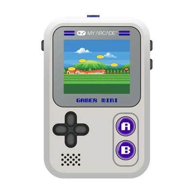 Konsola retro Gamer Mini w kolorze białym, wyświetlacz z grą pixel art, fioletowe przyciski A i B