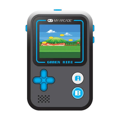 Przenośna konsola retro Gamer Mini z niebieskimi przyciskami, wyświetlacz z grą pixel-art