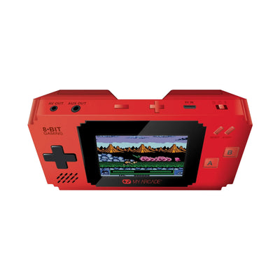 Czerwona konsola przenośna do gier retro 8-bit z ekranem LCD, przyciski A B, pad kierunkowy