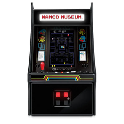 Mini automat arcade Namco Museum z joystickiem, ekranem Pac-Man, kolorowy retro design