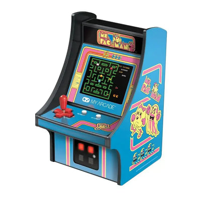 Miniaturowy automat arcade Ms. Pac-Man, joystick, kolorowa obudowa retro do biura