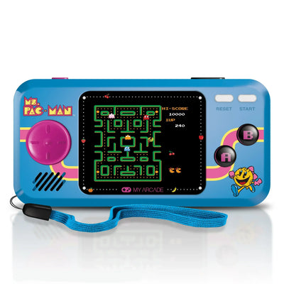 Niebieska konsola przenośna z grą Ms. Pac-Man, widoczny ekran i przyciski sterujące