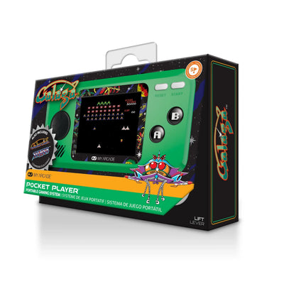 Zielona konsola przenośna Pocket Player z grą retro Galaga, opakowanie produktowe