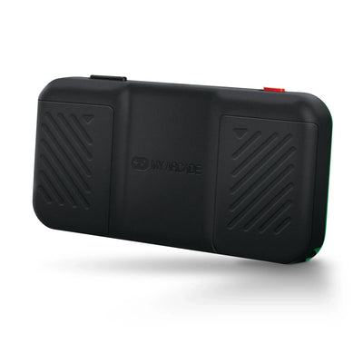 Czarna konsola przenośna My Arcade Pocket Player, widok z tyłu, minimalistyczny design