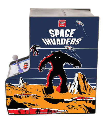 Miniaturowy automat arcade Space Invaders z joystickiem, retro grafika na boku obudowy