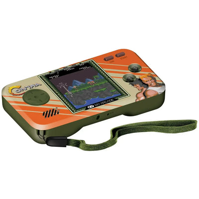 Przenośna konsola retro do gier Contra, kolorowa obudowa, widoczny ekran LCD, pasek na nadgarstek
