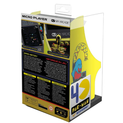 Opakowanie Micro Player na 40-lecie Pac-Man, żółty design, retro konsola do gier arcade.