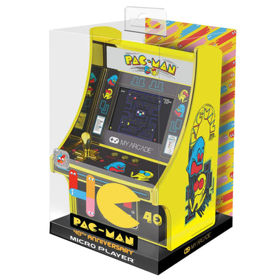 Żółta miniaturowa konsola arcade Pac-Man, wersja Micro Player w opakowaniu kolekcjonerskim.