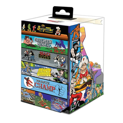 Opakowanie mini konsoli retro arcade z grafikami gier, klasyczne gry w stylu retro, kolorowe ilustracje
