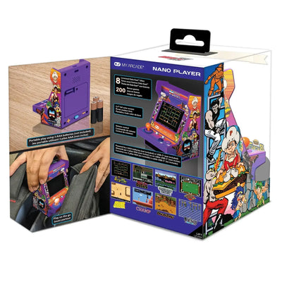 Mini automat arcade Data East Nano Player w pudełku, fioletowy, z kolorowym ekranem i grafikami retro