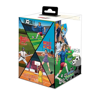 Kolorowe opakowanie z ilustracjami sportowymi: piłka nożna, koszykówka, tenis i baseball.
