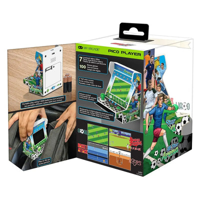 Opakowanie mini konsoli My Arcade Pico Player All Star Arena z kolorowym ekranem i grafiką piłkarską.