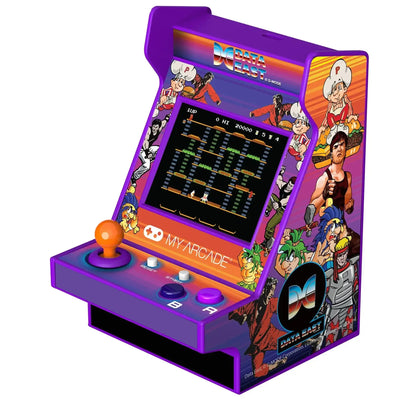 Miniaturowy automat arcade Data East, fioletowy, z joystickiem i kolorowymi przyciskami