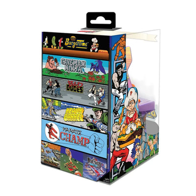 Kolorowe opakowanie z bohaterami retro gier arcade, motywy BurgerTime, Bad Dudes, Karate Champ.