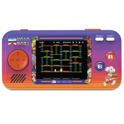 Kolorowa konsola przenośna retro z ekranem LCD, gra w stylu pixel art, przyciski A i B