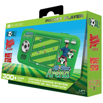 Konsola do gier przenośna Pocket Player All-Star Arena z wyświetlaczem i motywem piłki nożnej.