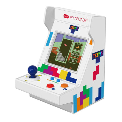 Mini konsola arcade Tetris, biała obudowa z joystickiem i kolorowymi przyciskami