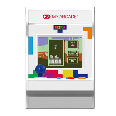 Mini arcade z grą Tetris, biały panel, kolorowy joystick i przyciski, wyświetlacz retro