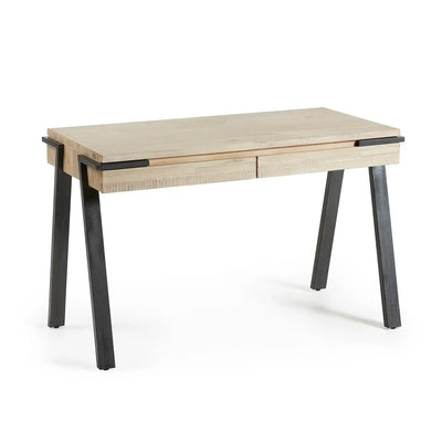 Biurko drewniane z czarnymi metalowymi nogami, idealne do home office i desk setupu