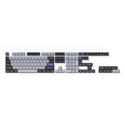 Zestaw keycapów PBT do klawiatury mechanicznej, szaro-srebrne, podświetlane napisy.
