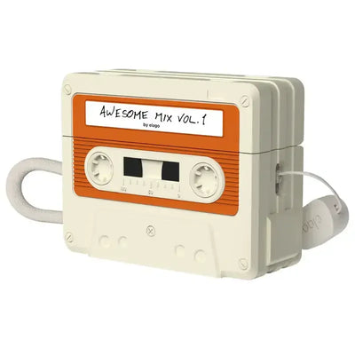 Etui na AirPods w kształcie kasety magnetofonowej, styl retro, biało-pomarańczowe