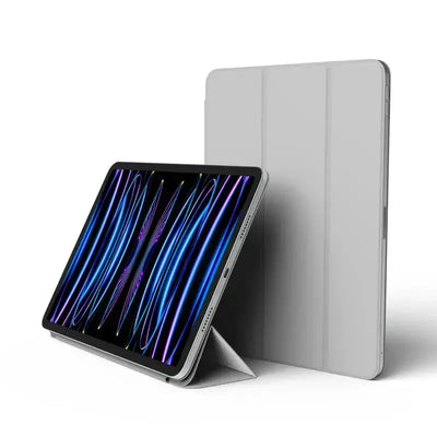Szare etui do tabletu, ustawione w pozycji stojącej, tablet z wyświetlaczem LED