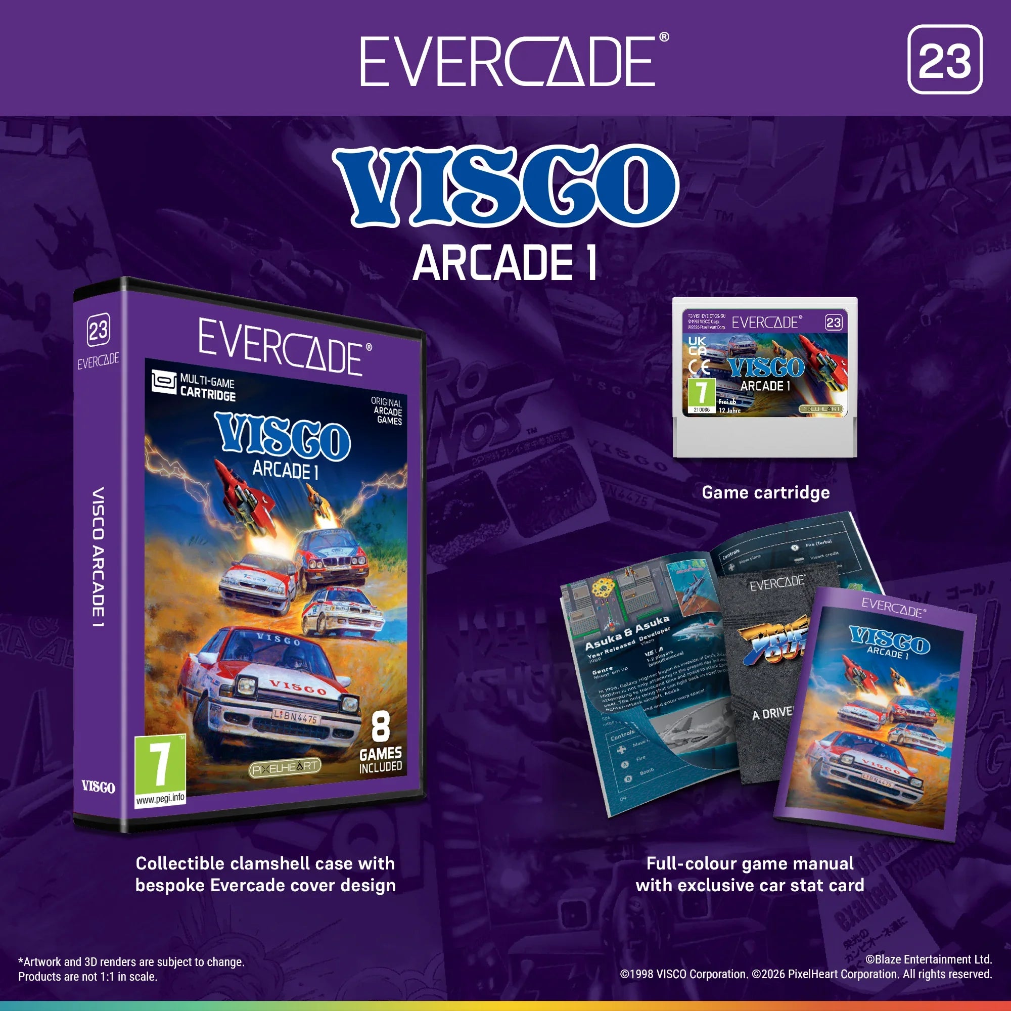Visco Arcade 1 – konsolowa gra z 8 klasycznymi grami, wersja Evercade z kolorowym podręcznikiem i kartą statystyk