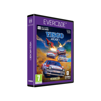 Pudełko gry Visco Arcade 1 z 8 klasycznymi grami arcade, wersja Evercade, ocena PEGI 7